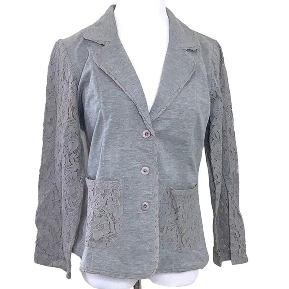 sahalie Gray Lace-Sleeve Knit Blazer